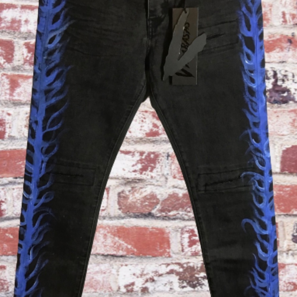 New Men Valabasas Blue Flames Black Denim Slim Skinny Jeans 36x31